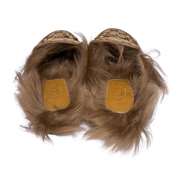 Gucci Princetown Monogram Beige GG Canvas Fur Lined Loafers Slides Size 36 - Picture 7 of 11